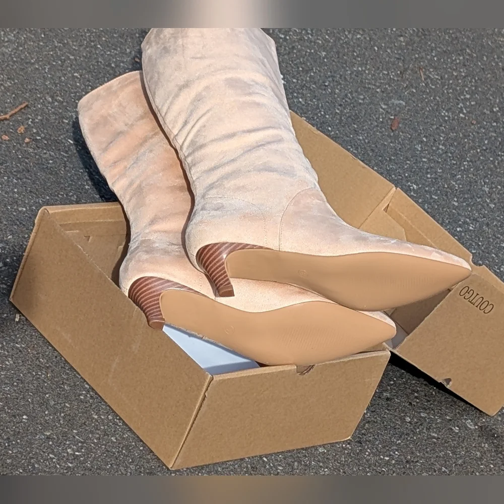 Coutgo Knee High Boots Wide Calf Kitten Heel Pointed Toe Boots Pull On (New) - Picture 8 of 13